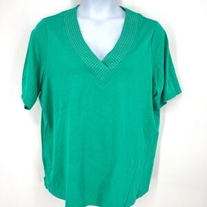 Quacker Factory Emerald Green 100% Cotton V-Neck T Shirt Size 2X